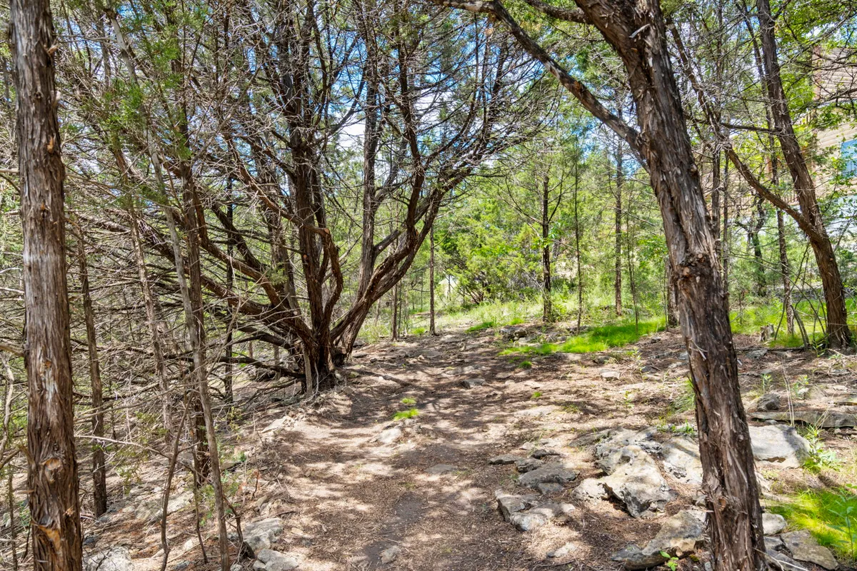 A serene pathway winds through a lush canopy of trees and natural rock formations, inviting guests to explore the outdoors. The image captures the sense of adventure and the beauty of nature just steps from the lodge.